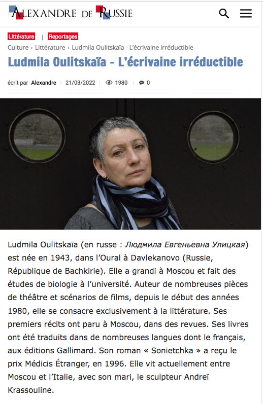 Page Internet. Ludmila Oulitskaïa - L|écrivaine irréductible de la Russie. 2023-02-19